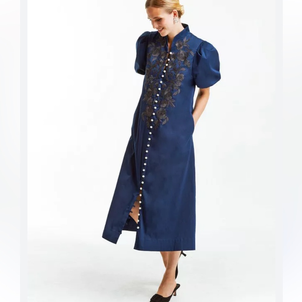 Mestiza New York NWT Elliana Barong Navy Embroidered Midi Dress Sz Small